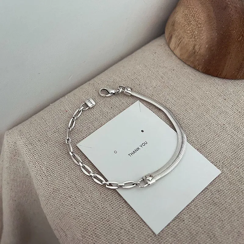 

PANJBJ 925 Sterling Silver Flat Snake Bone Chain Lock Bracelet for Women Girl Punk Asymmetry Jewelry Birthday Gift Dropshipping