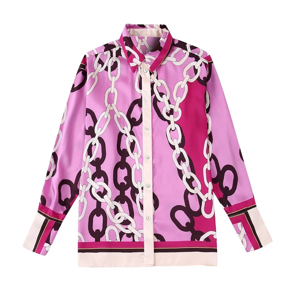 

Рубашка женская с принтом цепей, Повседневная модная элегантная шикарная блузка в стиле ретро, на пуговицах, с длинным рукавом, осень