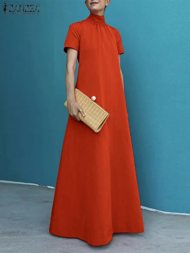 

ZANZEA High Neck Casual Maxi Dress Party 2023 Summer Vestidos Short Sleeve Women Kleid Robes Loose Solid Elegant Long Dress