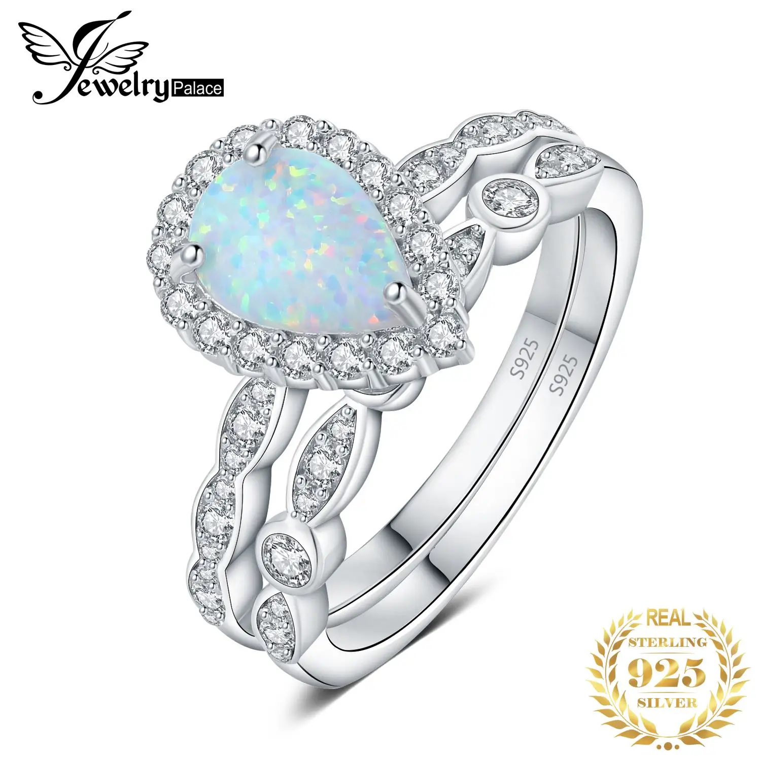 

JewelryPalace 925 Sterling Silver Wedding Band Halo Engagement Ring Bridal Set for Women 3ct Pear Created Opal Gemstone Jewlelry