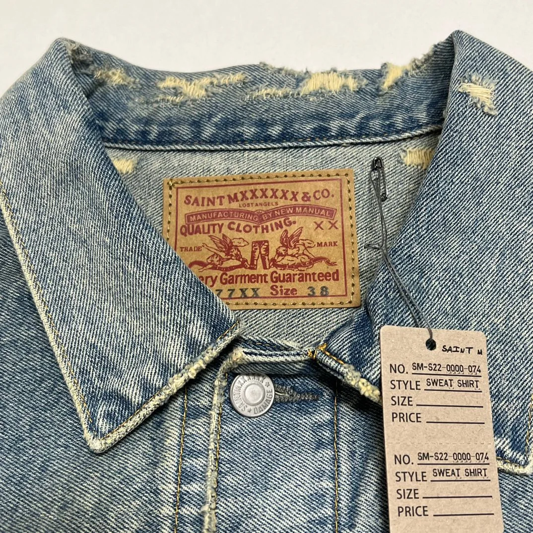 2024aw Высокое качество Saint Mxxxxxxx Промытая винтажная рваная куртка для мужчин