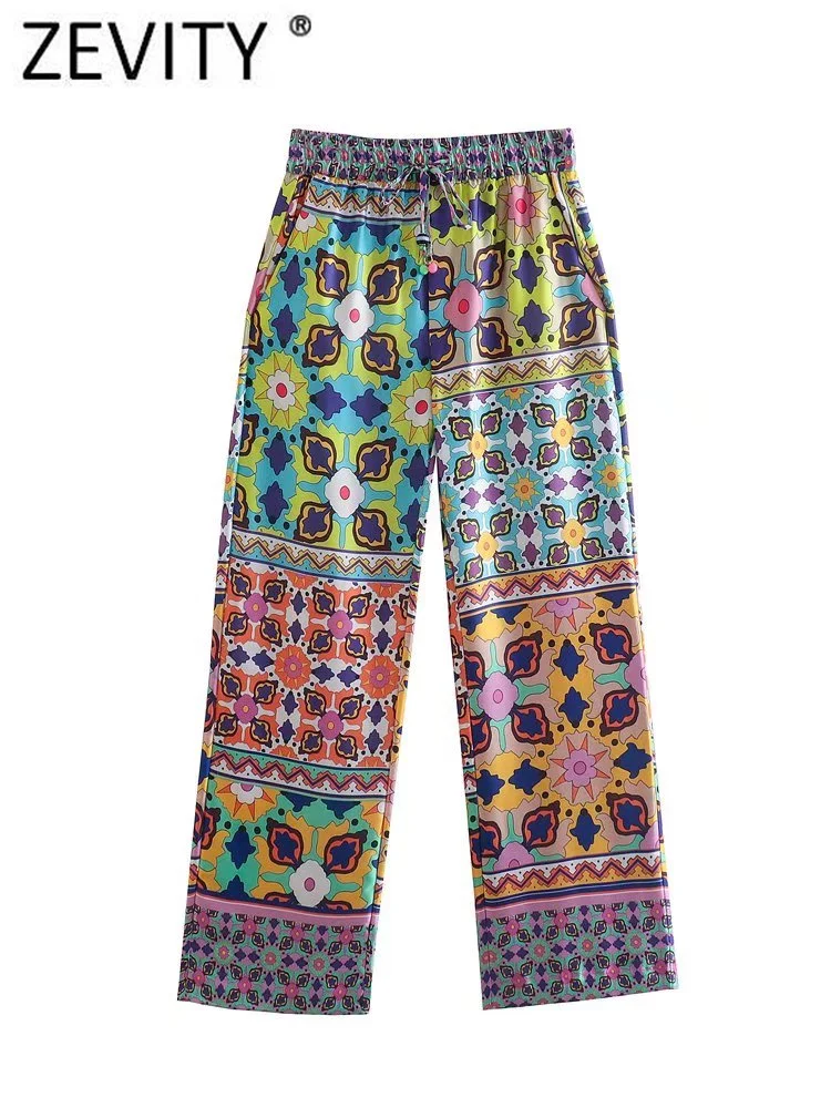 

Zevity Women Vintage Cloth Patchwork Floral Print Straight Pants Femme Chic Elastic Waist Long Trousers Pantalones Mujer P1684