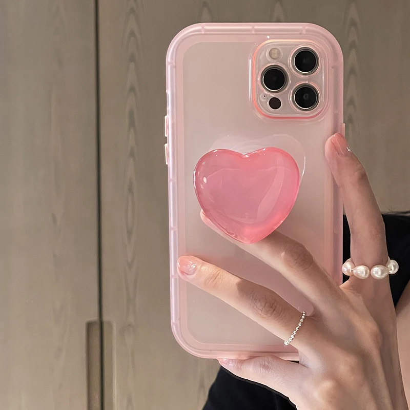 Japan Korean Jelly Pink Love Heart Stand Holder Clear Soft Case For IPhone X XR XS 11 12 13 14 Pro Max Protective Back Cover