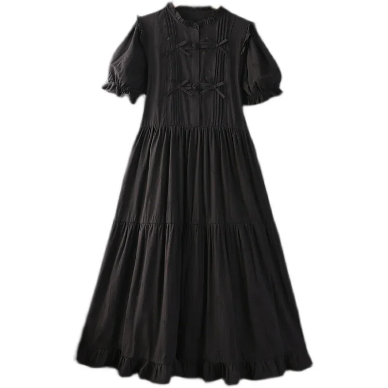 Женское платье-миди из хлопка и льна с бантом оборками