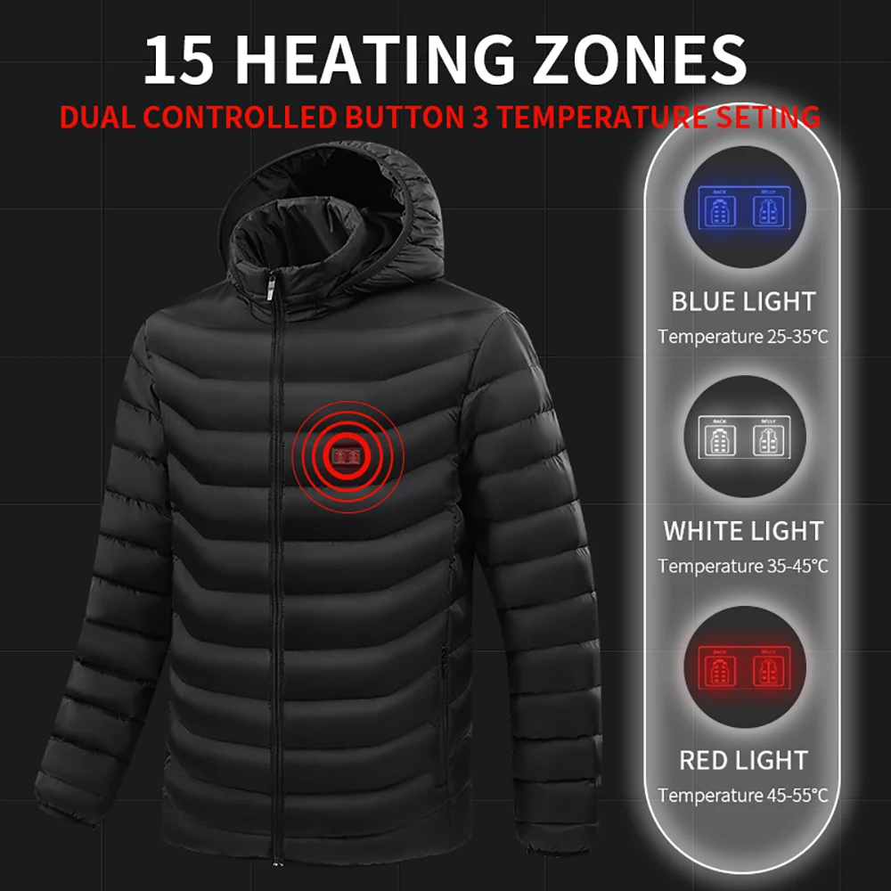 1x Unisex USB Electric Heating Jacket 15 Zone Electric Heating Cotton Clothing Thickening Warm Outdoor Hunting Warm Clothes