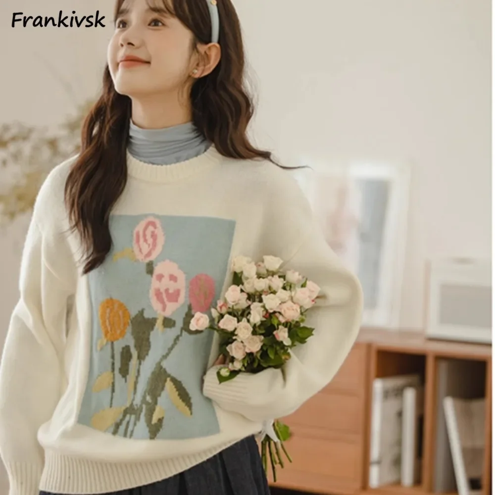 Женские пуловеры вязаные с цветочным принтом милые нежные свободные