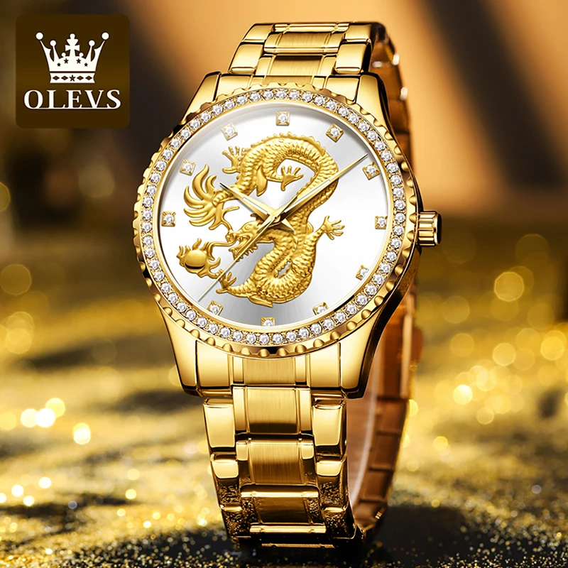 

OLEVS Mens Watches Top Brand Luxury Gold Strap Set Diamond English Watch For Men Clock Fashion Golden Dragon Dial 30M Waterproof