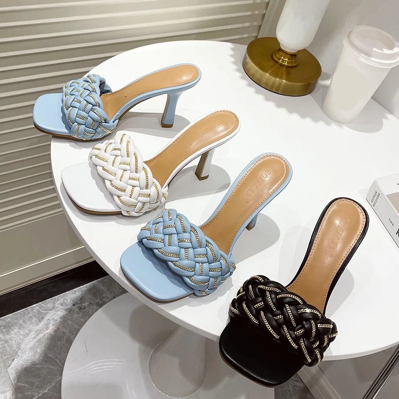 

Women's Weave Design Heels Slippers 2022 Summer Elegant Sqaure Toe High Heels Slippers Women Flip Flops Ladies Party Shoes 42