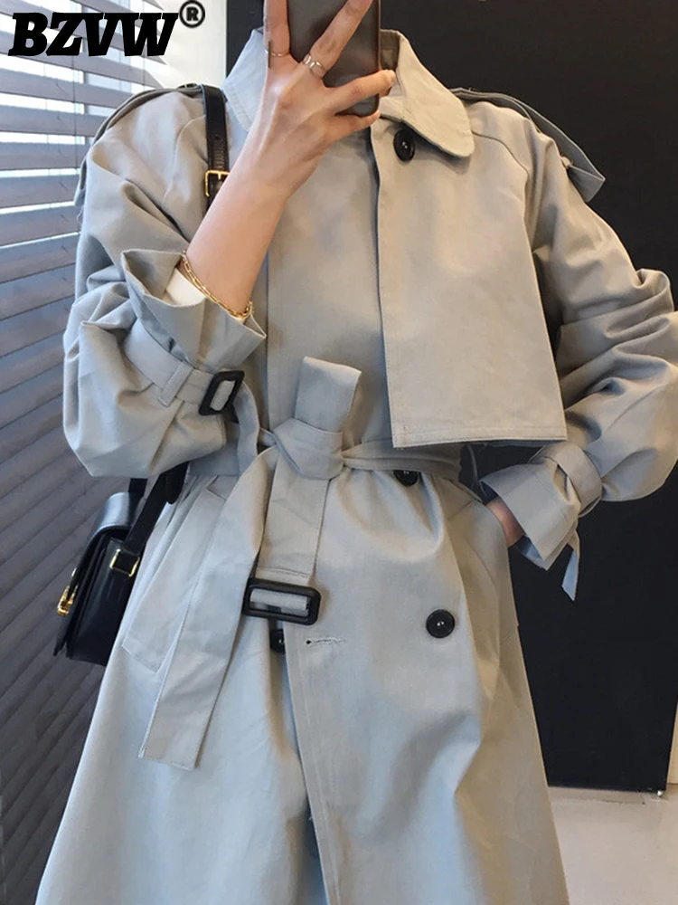 

BZVW Vintage England Style Mid-length Trench Coat Women Double Breasted Lace-up Waist Loose Windbreaker Female 2023 New 25X01868