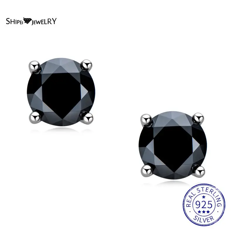 Shipei-pendientes de plata de ley 925 con piedra preciosa moissanita auténtica, joyería fina con GRA, de corte redondo negro, 1CT, VVS1