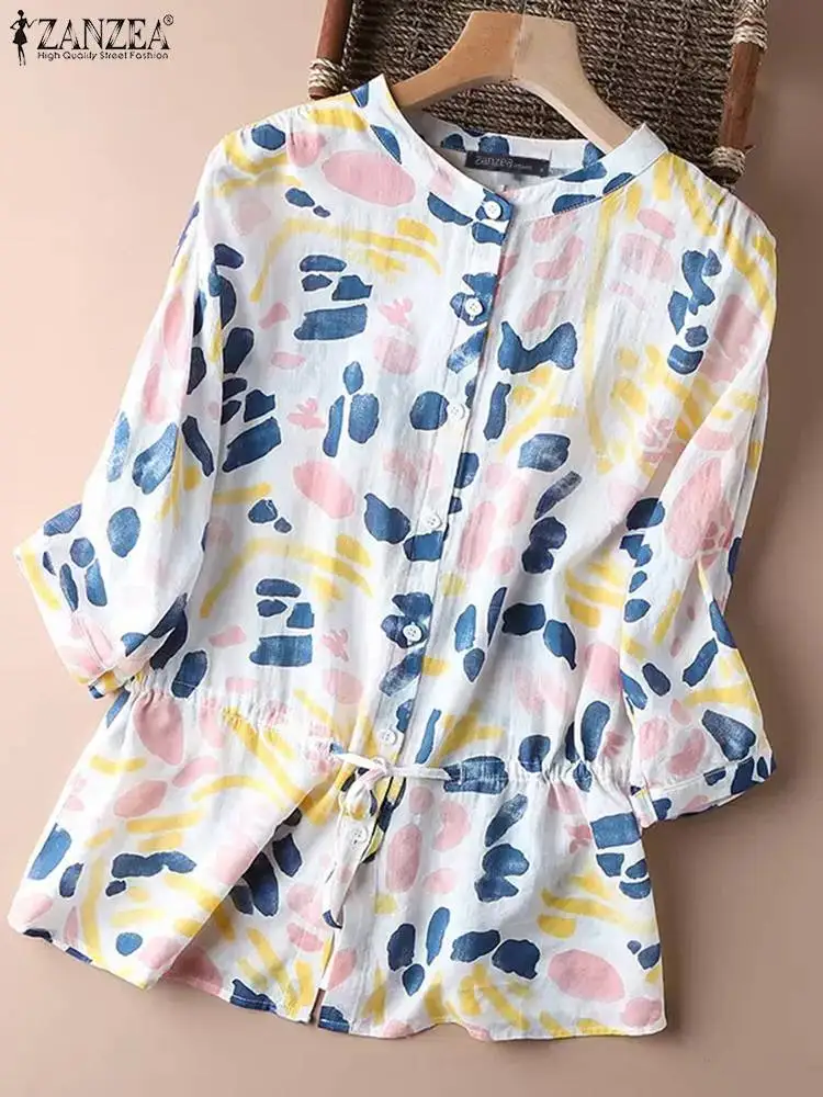 

ZANZEA Women Casual Shirts 2023 Summer Irregular Spots 3/4 Sleeve Blouses Elegant Drawstring Waist Tunic Tops Vintage Chemise