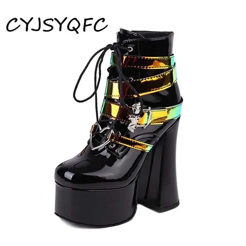 

CYJSYQFC Gothic Style Metal Bat Buckle Chunky Platform Women Ankle Boots Bright Colorful Belt Love Decor High Heels Short Boots