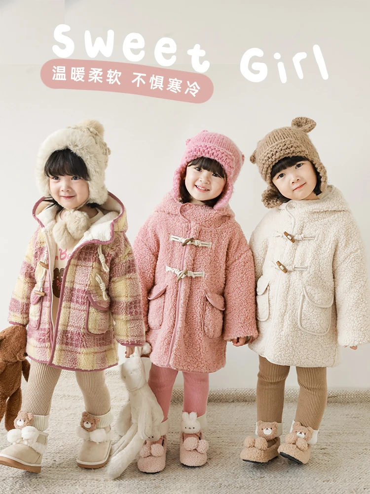 Girls' Plush Long Coat 2022 Winter New Children's Plush Horn Button Warm Hooded Jacket