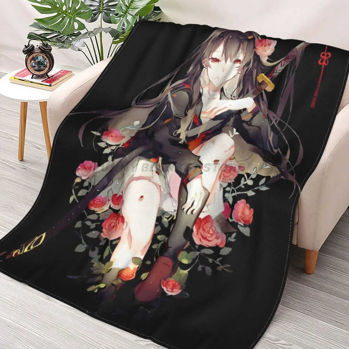 

Japanese Katana Girl Throws Blankets Collage Flannel Ultra-Soft Warm picnic blanket bedspread on the bed