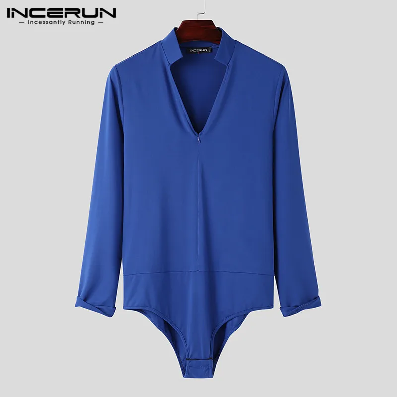 

Fashion Men Bodysuit Long Sleeve V Neck Sexy Streetwear Men Romper Solid Color Casual Fitness 2023 Pajamas Bodysuits INCERUN