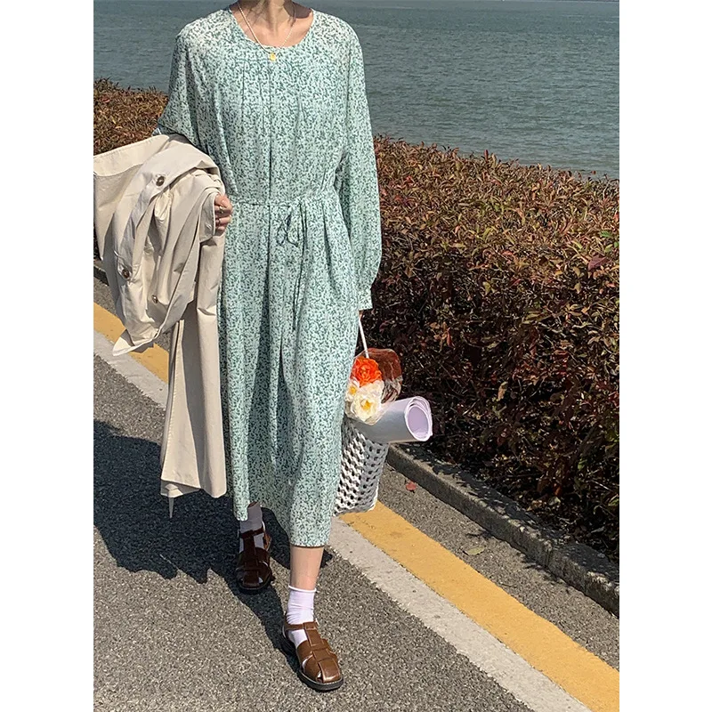 

New temperament Korean Round Neck Lace Up floral long skirt dress female h2281