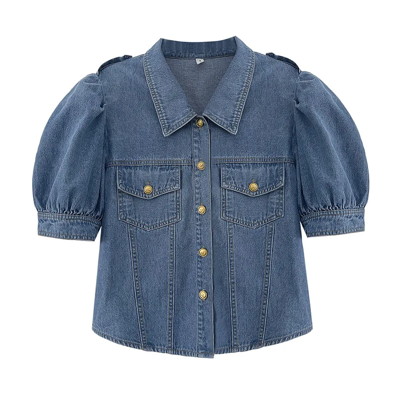 

Korean Style French Style Short Sleeve Denim Shirt Top for Women Summer 2022 New