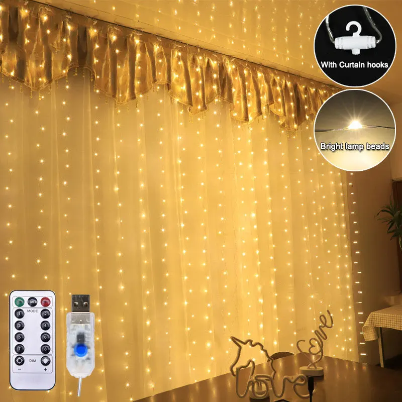 

LED String Lights Christmas Decora Remote Control USB Wedding Garland Curtain 3M Lamp Holiday For Bedroom Bulb Outdoor Fairy LED