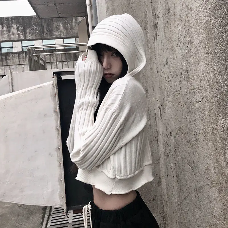 Deeptown Knitted White Sweater Women Vintage Crop Tops Long Sleeve Button Up Cardigan Korean 2022 Autumn Gothic Punk Clothes