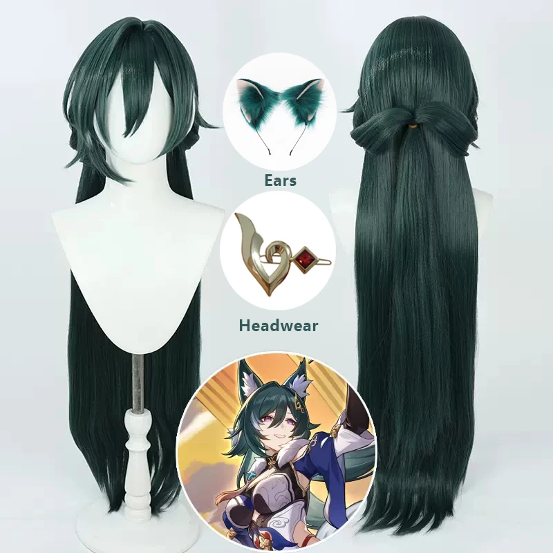 

Game Honkai: Star Rail Yukong Cosplay Wig Dark Green Long Heat Resistant Synthetic Hair Headwear Ear Halloween Carnival Party