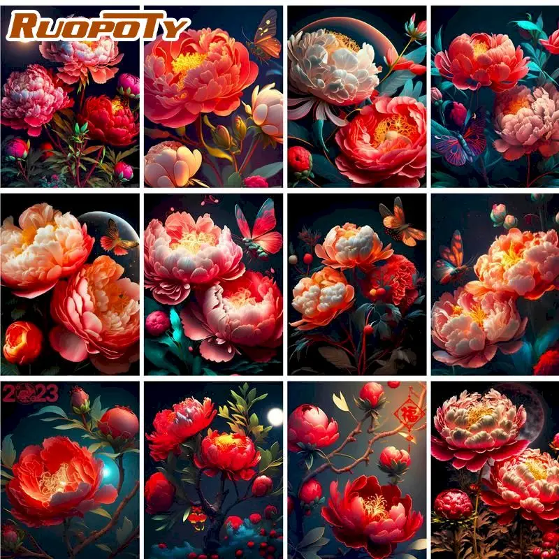 

RUOPOTY Picture By Numbers Kits For Adults Children Red Rose Flower Oil Paints Handmade DIY Gift 40x50cm Frame Wall Artwork