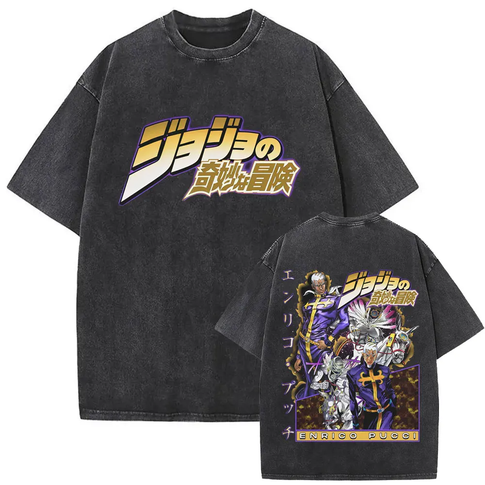 Фото Промытая винтажная футболка в стиле аниме JoJo Bizarre Adventure с отчетом погоды, двусторонняя футболка с принтом для мужчин и женщин, футболка большого размера в стиле ретро с героями мультфильмов №2