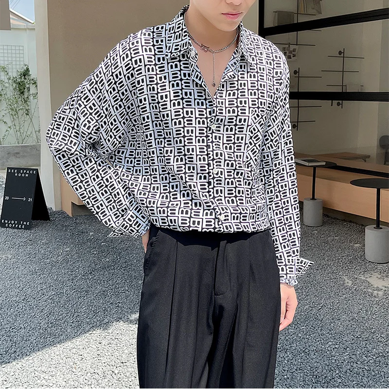 2022 Autumn Letter Printed Men Shirts  Long Sleeve Loose Casual Shirts Fashion Streetwear Personality Social Party Tuxedo Blouse