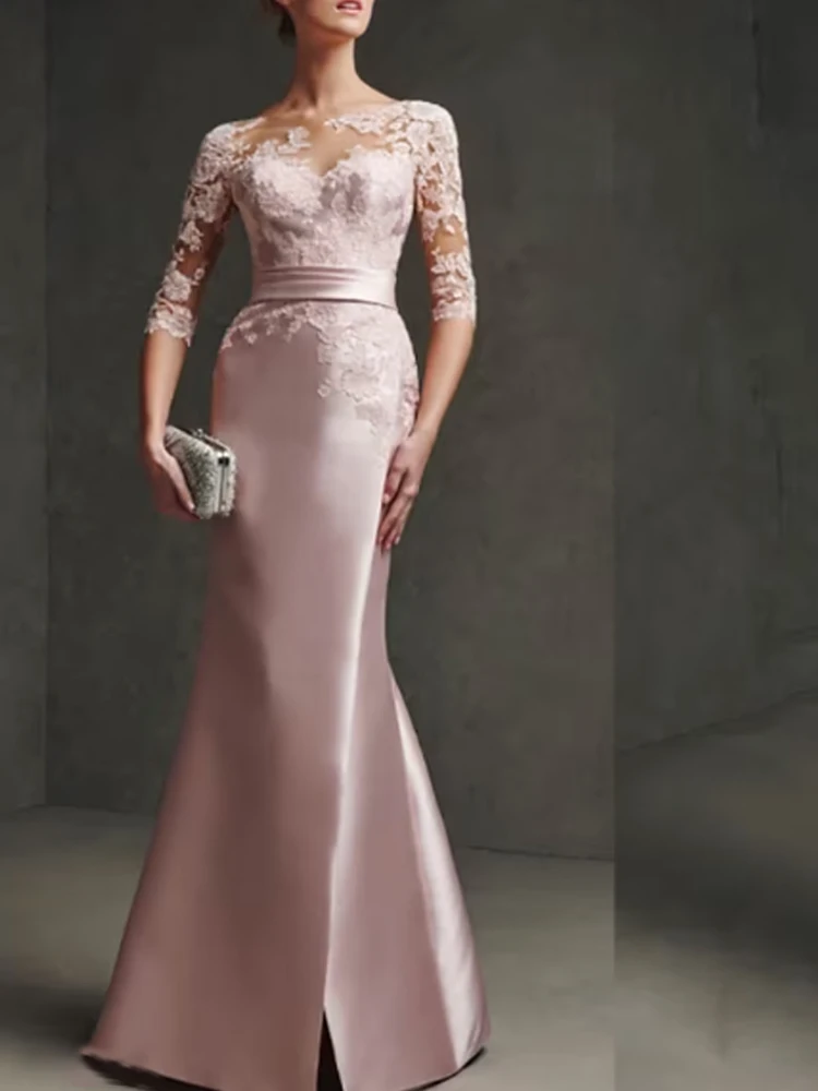 New 2023 Mother of the Bride Dress Dusty Rose Satin Lace Appliques Floor-Length Mermaid Half Sleeve Formal Wedding Party Elegant