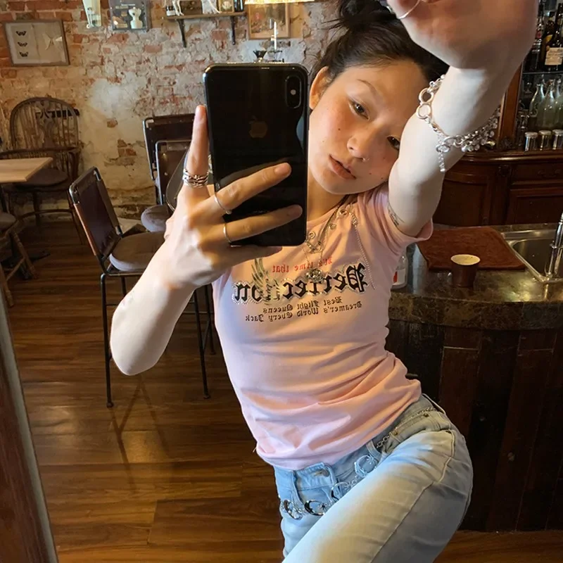 E-girl Y2k эстетичные топы Харадзюку кавайная розовая футболка гранж буквенный принт