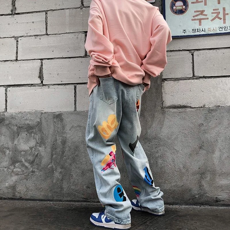 2022 Jeans Rainbow Graffiti Print Washed Jeans Men's Tide Brand Wide-leg Straight-leg Loose All-match Hip-hop Street Trousers