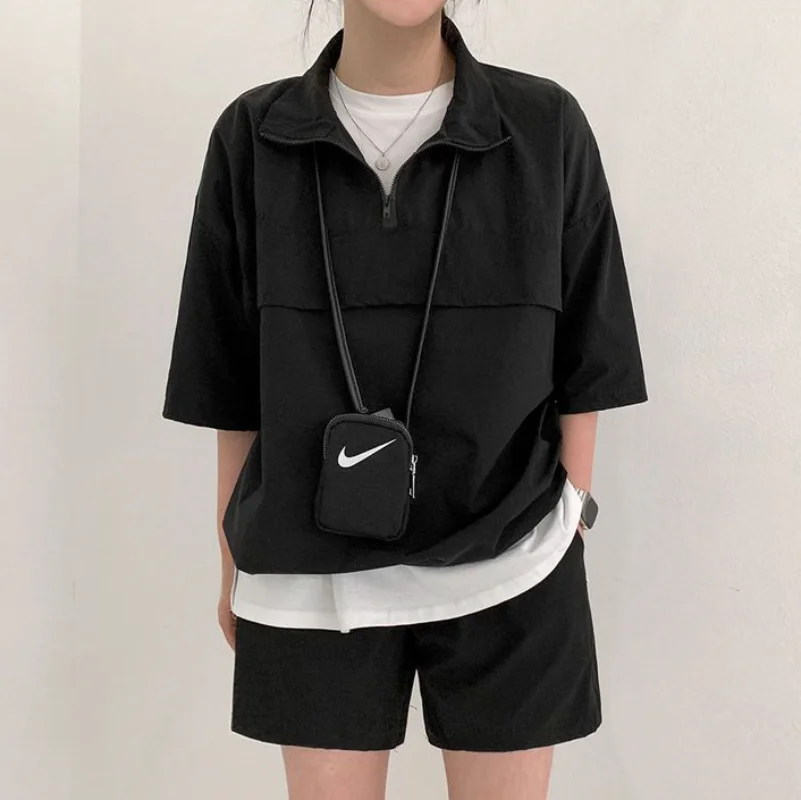 

Women's Casual 2 Piece Set Suit 2023 Summer Tracksuit Short Sleeve Zipper Blouses Shorts Women Suits Streetwear Female Clothing