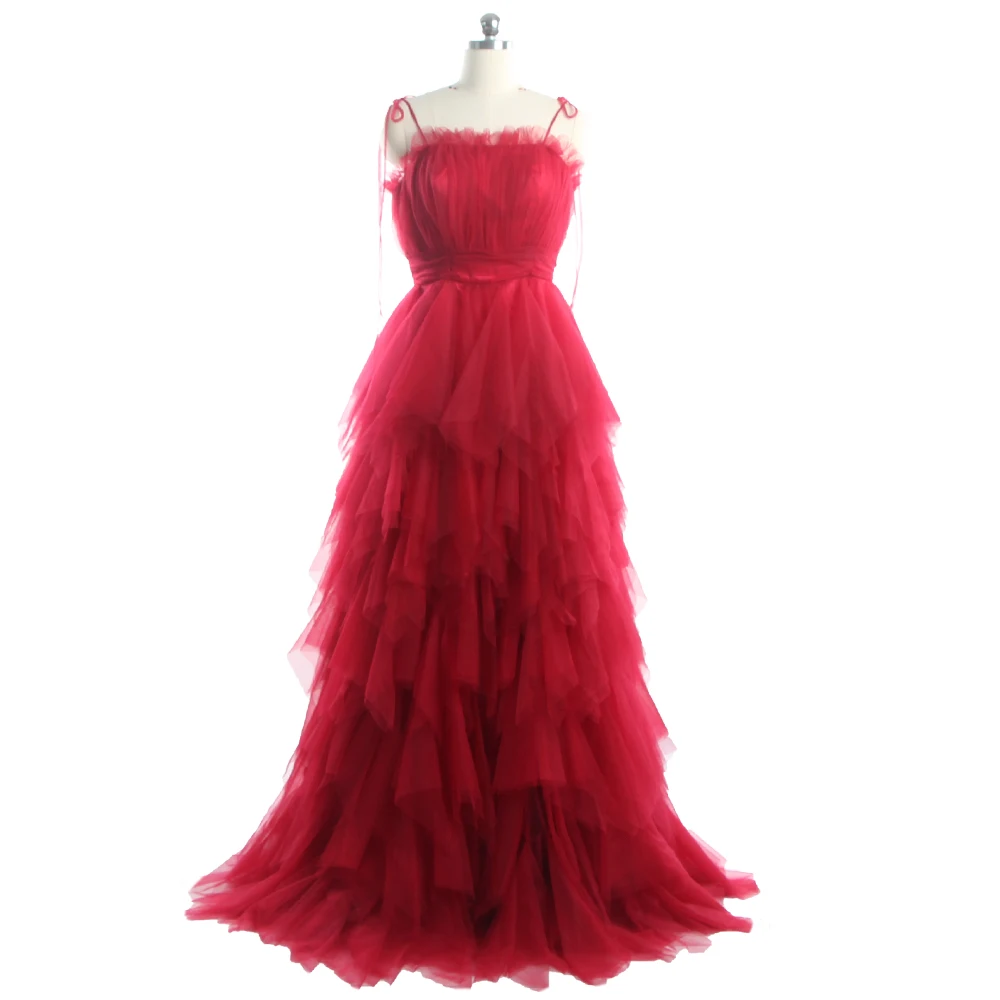 

Evening Dresses Burgundy Tulle Pleat Strapless Ruffles Sleeveless Tiered A-line Floor Length Plus size Women party Dress HB249