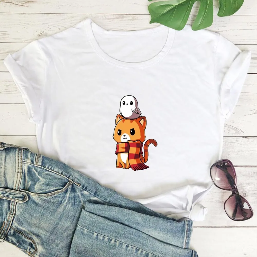 

Cat and Bird Tshirt Women Cartoon Harajuku Animal Print Women T Shirt Cotton O-neck Casual Short Sleeve Tee Shirt Women