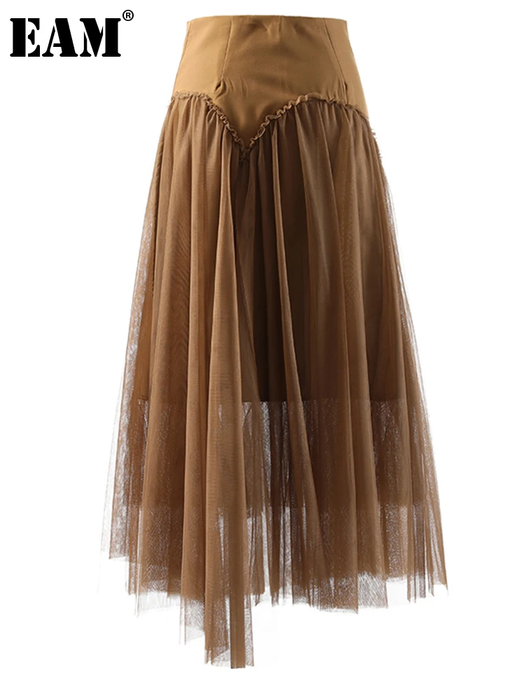 

[EAM] High Waist Khaki Irregular Mesh Spliced Long Casual Half-body Skirt Women Fashion Tide New Spring Autumn 2022 1DE6381