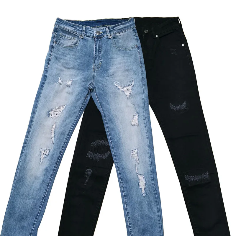 22ss High Street Fashion Ripped Patch No Meat Black Jeans Y2k Streetwear Ripped Jeans Men Skinny Mid Waist Mens Jeans