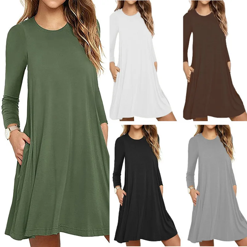 

Casual Dress Autumn Women Short Solid Color A-line Dresses Womans Long Sleeve Mini Crew Neck Simple Loose 2023 Spring Dress