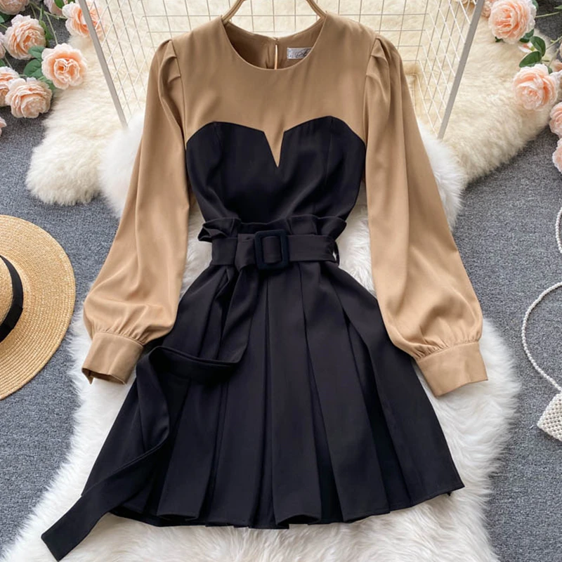 

Autumn Women Korean Vintage A-Line Dress Ladies Slim Round Neck Patchwork Dresses Casual High Waist Pullover Vestidos Famale
