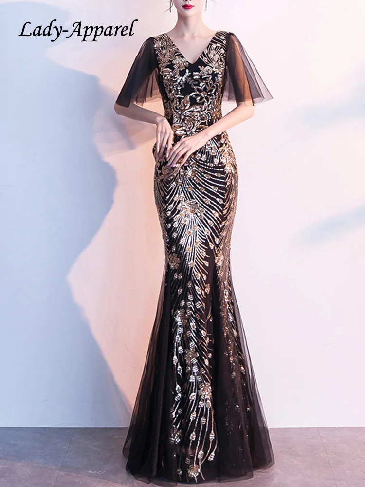 

Lady-Apparel Luxury Gold Sequin Black Evening Dress Fashion Sheer Tulle Short sleeve Pleated Skirt Sexy High Waist Slim Dresses