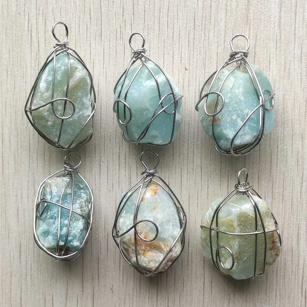 

Natural amazonite stone silver color wire Irregular pendants for jewelry accessories making free shipping Wholesale 6pcs/lot