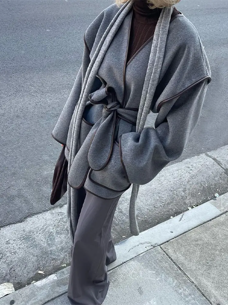 Куртка женская шерстяная контрастная с поясом и карманами модный серый пиджак