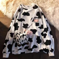 women japanese harajuku cute milk embroidered long sleeve hooded sweatshirt kawaii cow print pullover 2021 fashion korean jumper