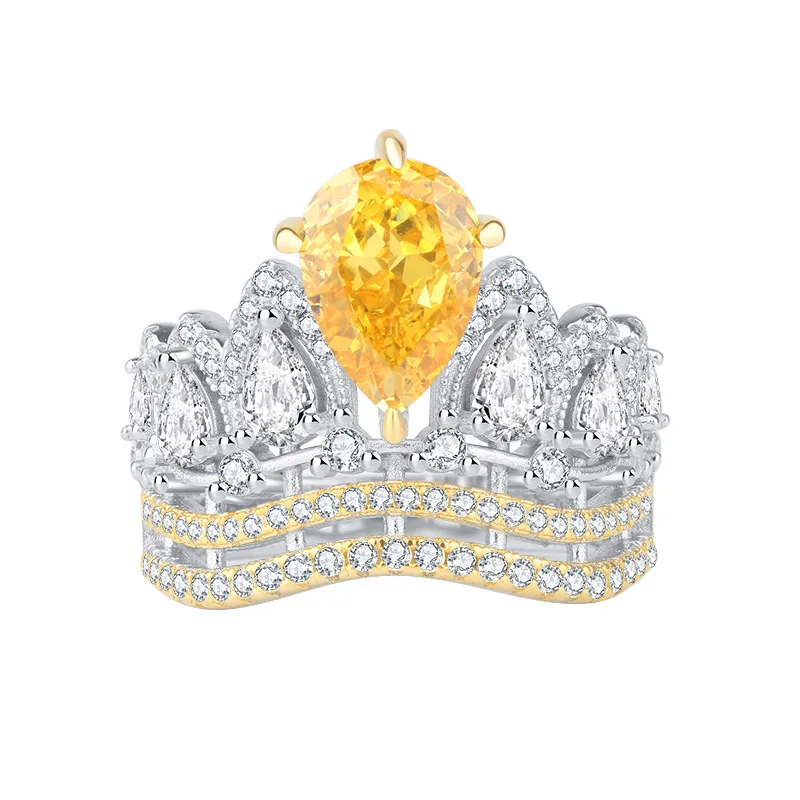 

100% 925 Sterling Silver Crown Ring For Women Yellow Pink Diamond 7*10mm Top Grade Wedding Luxury Fine Jewelry