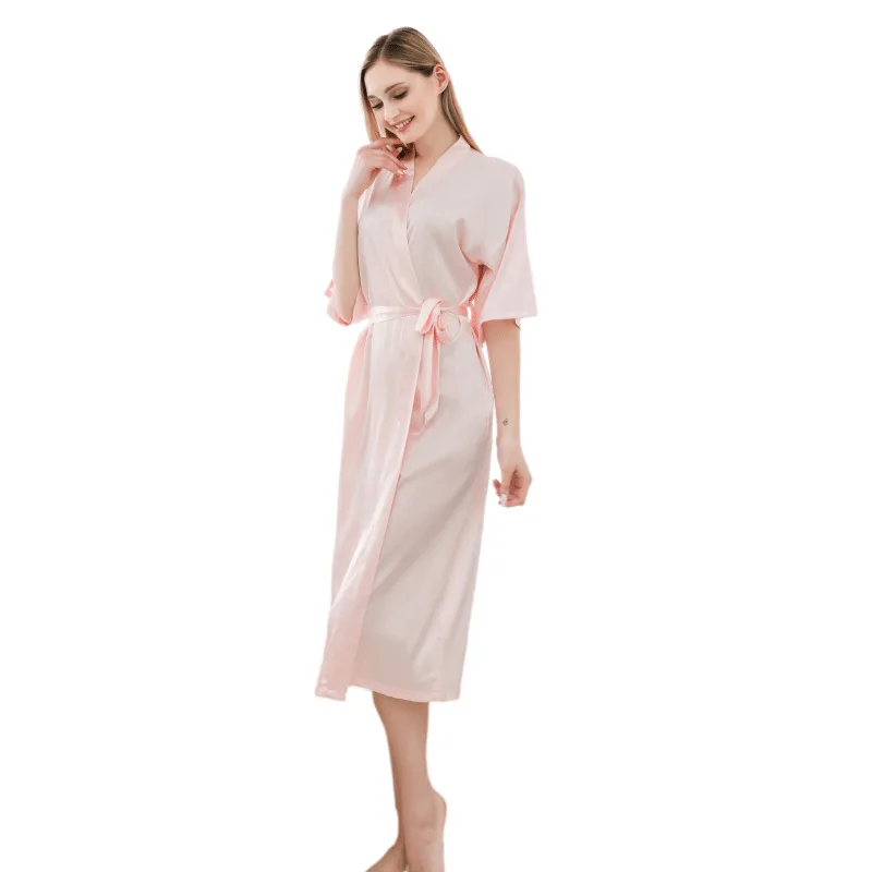 Women's Nightgown Long Kimono Wedding Robe Solid Loungewear Bathrobe Ladies Half-sleeve Hin Sexy Satin Pajamas Women Silk Robes
