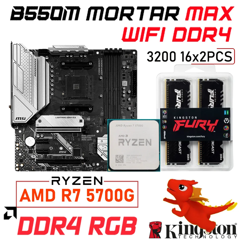 

AMD RYZEN 7 5700G процессор MSI B550M Строительная макс. материнская плата с WIFI AM4 Combo Ryzen Kit AM4 DDR4 3200 МГц Ram 32 Гб Kingston Beast Ram