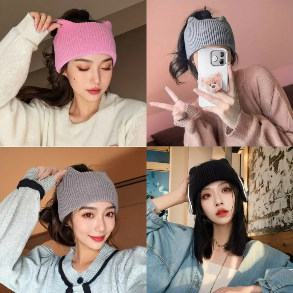 Модная повязка на голову с милыми кошачьими ушками эластичная однотонная