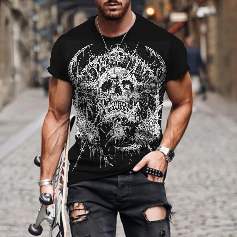 

Punk Rock Horror Skull Print 3D Men's Summer Oversized Short Sleeve T Shirt Street Style Fashion Unisex Outdoor Jogging 2022 Top