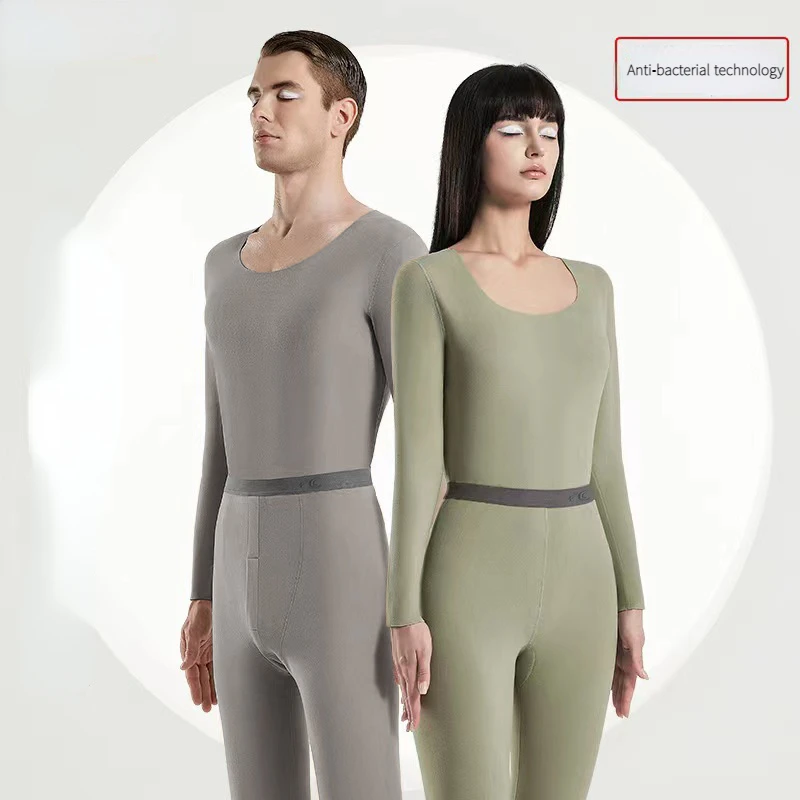 

Комплект термобелья для женщин и мужчин, зимняя теплая рубашка с круглым вырезом, бесшовный спортивный костюм, флисовая пара, однотонная Антибактериальная женская одежда