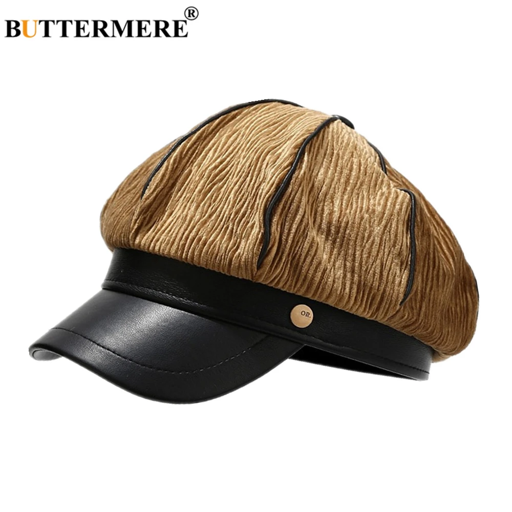 

BUTTERMERE Corduroy Newsboy Hat Men Beret Vintage Flat Peaked Cap Autumn Winter Baker Boy Street Hats for Men Women Camel Brown