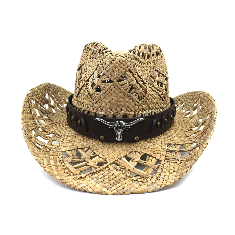 

Summer Outdoor Sun Protection Cowboy Straw Hat for Men Women Wide Brim Beach Cap Natural Salt Grass Handmade Crochet Sunhat