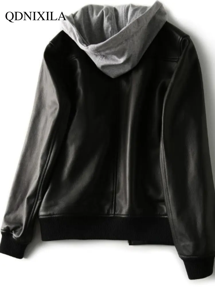 Women's Leather Jacket 2023 Spring Jacket Women New Outerwear  Korean Fashion Fake Two-piece Hooded Thickening Female Jacket